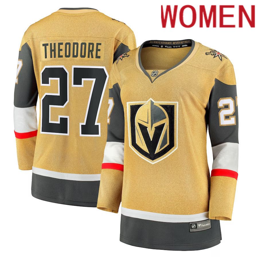 Women Vegas Golden Knights 27 Shea Theodore Fanatics Branded Gold Home Breakaway NHL Jersey